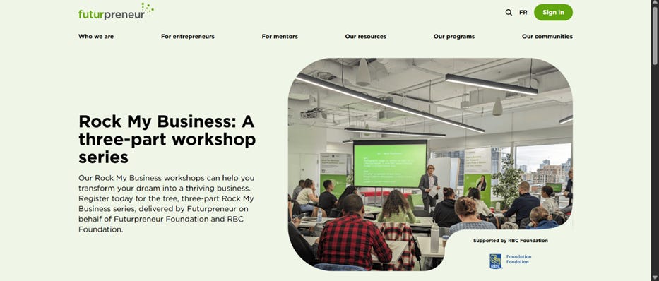 A decorative image; screen capture of Futurpreneur's Rock My Business website.