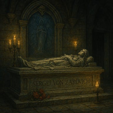 Create a gothic, candlelit depiction of Sergei von Zarovich’s tomb in Castle Ravenloft. Show an ancient stone crypt carved with solemn Barovian motifs—sunburst iconography, faded holy symbols, and weathered inscriptions. Sergei’s sarcophagus rests at the center, its lid sculpted with his serene likeness: a noble young man in armor, hands folded over a broken sunblade. The chamber is lit by a few guttering candles, their light reflecting off cold marble and casting long shadows across the vaulted ceiling. Wisps of mist curl along the floor. The atmosphere is reverent, mournful, and heavy with centuries of grief.