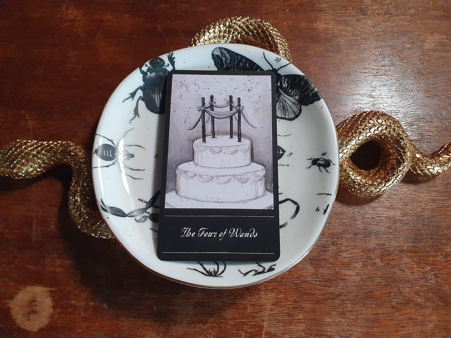 The Four of Wands sits in a dish decorated with beetles and moths