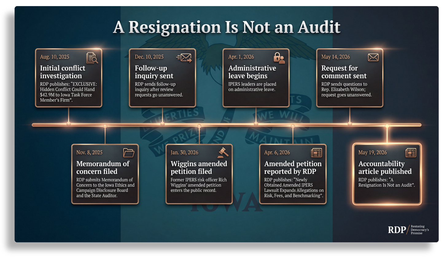 Timeline titled “A Resignation Is Not an Audit,” showing eight events from August 10, 2025, through May 19, 2026, including RDP’s initial conflict investigation, ethics memorandum, follow-up inquiries, the Wiggins amended petition, IPERS administrative leave, request for comment, and publication of the accountability article.