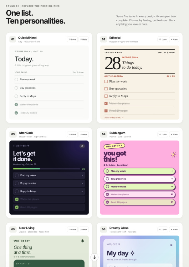 ChatGPT’s first Design Buffet round shows to-do app mockups with minimal, editorial, dark, playful, and organic styles. ChatGPT’s first Design Buffet round shows to-do app mockups with minimal, editorial, dark, playful, and organic styles.