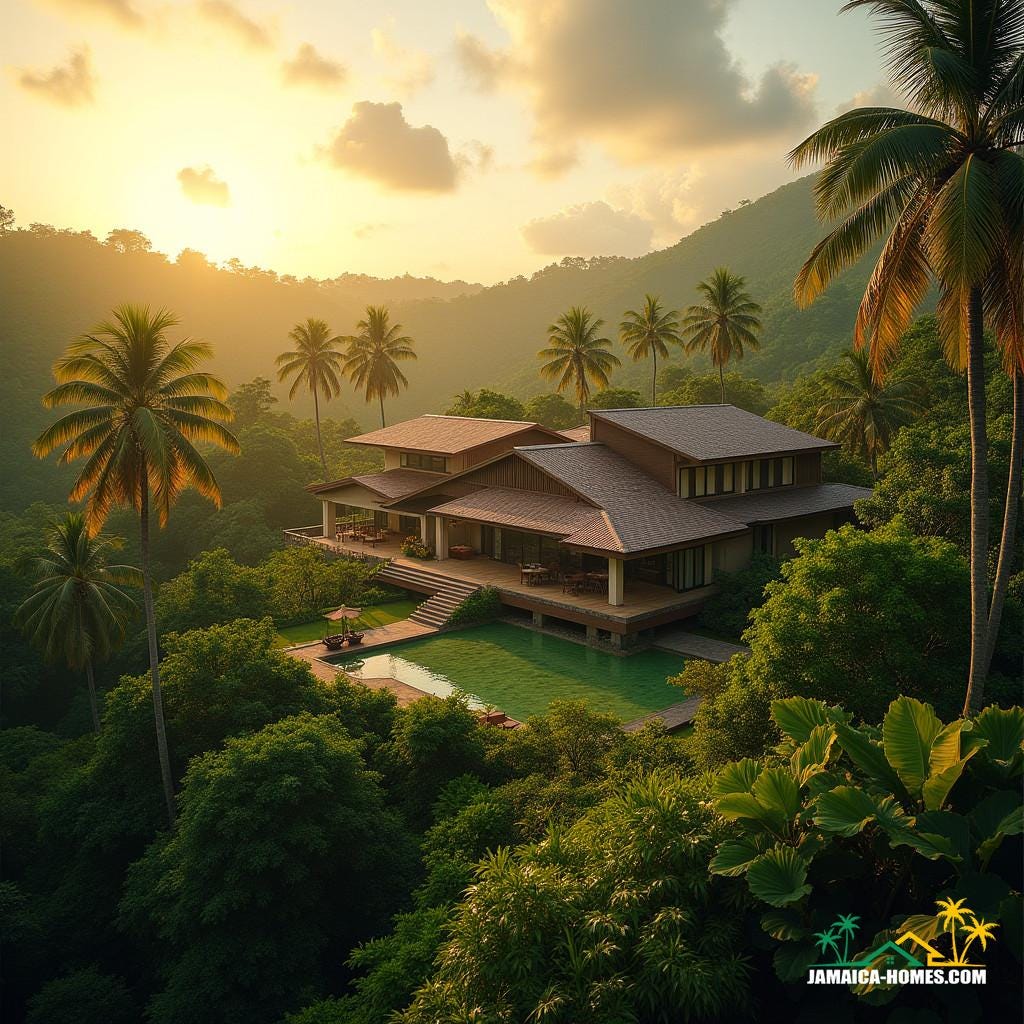 A rustic Jamaican farmhouse, its wooden facade weathered to a warm golden brown, with modern touches seamlessly integrated, including a sleek swimming pool that shimmers like a turquoise gemstone in the sunlight.