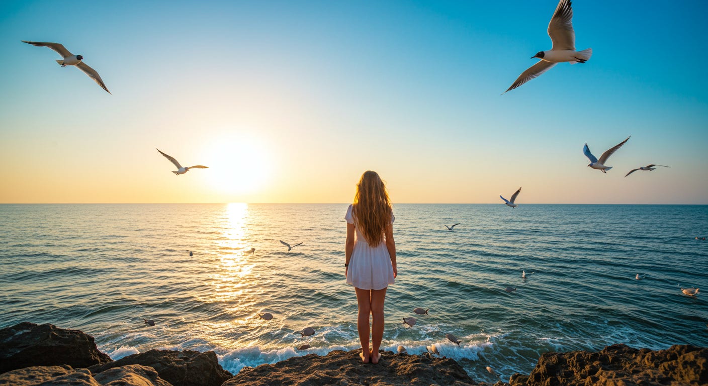 A young adult admires the sea and sky, with birds flying and fish swimming. A young adult admires the sea and sky, with birds flying and fish swimming.