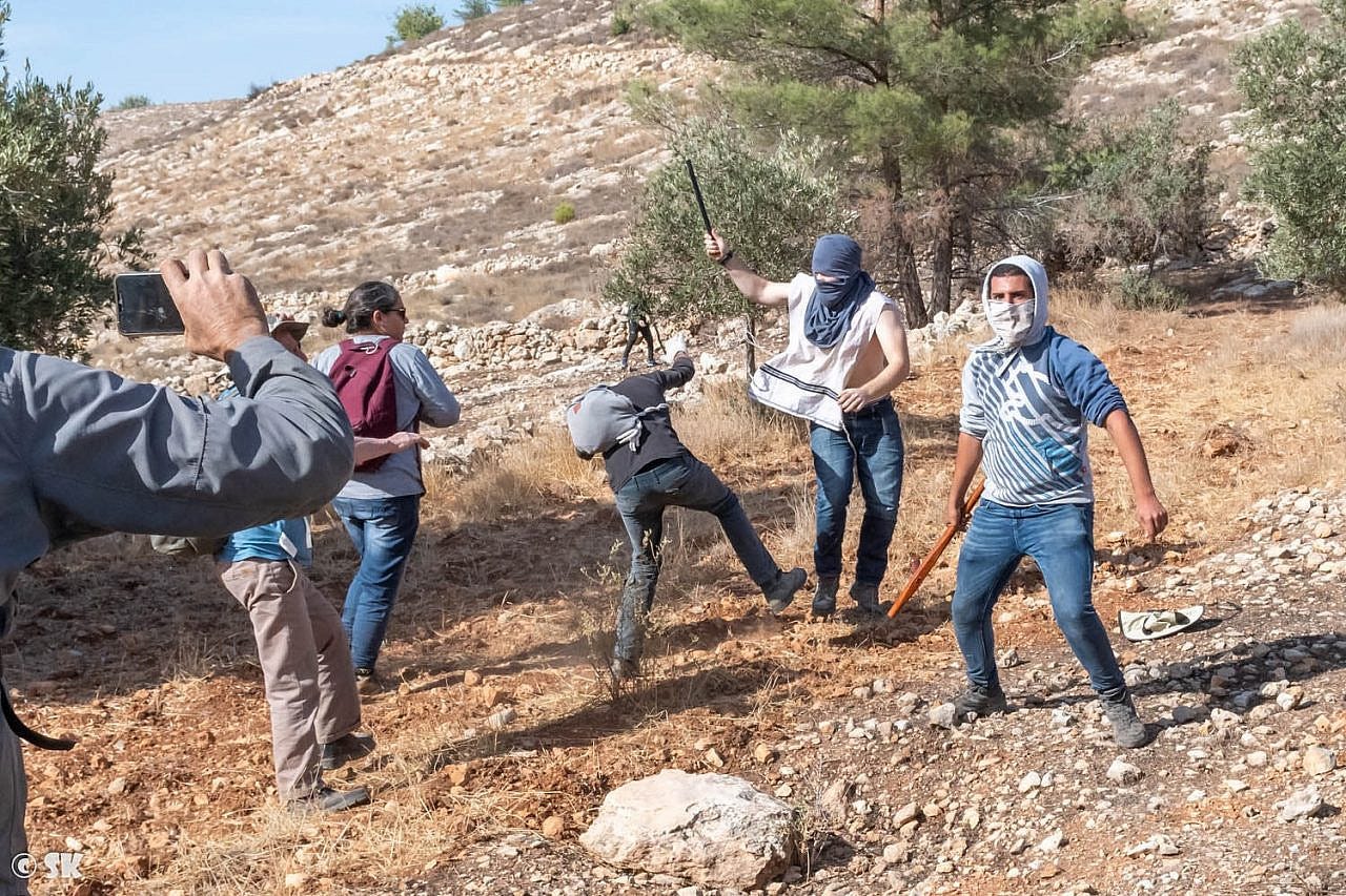 Israeli settlers assaulting Palestinian residents and solidarity activists during an attack on an olive harvest in the town of Surif, South Hebron Hills, occupied West Bank, Nov. 12, 2021. (Shay Kendler) Israeli settlers assaulting Palestinian residents and solidarity activists during an attack on an olive harvest in the town of Surif, South Hebron Hills, occupied West Bank, Nov. 12, 2021. (Shay Kendler)
