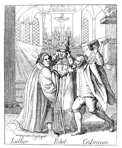 Luther tugs the beard of Calvin