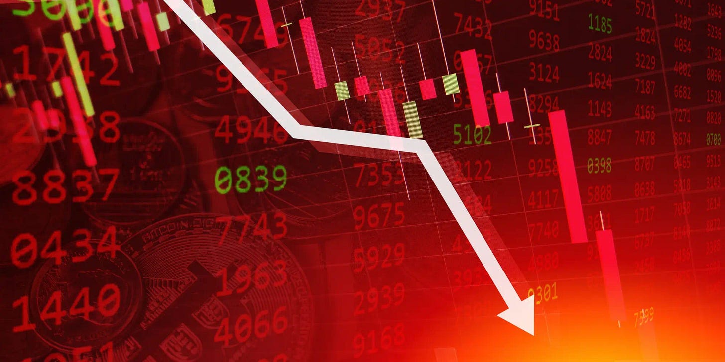 Numbers and a stock trend line going down over a red background that seems ominous tbh.