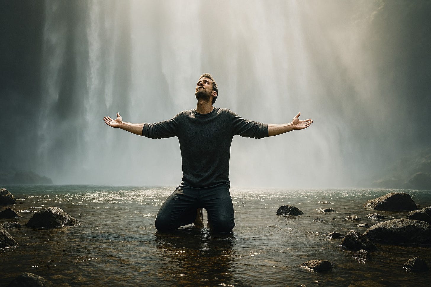 The same person now kneels with their chest open and arms wide, face tilted upwards, embodying acceptance and earned strength.