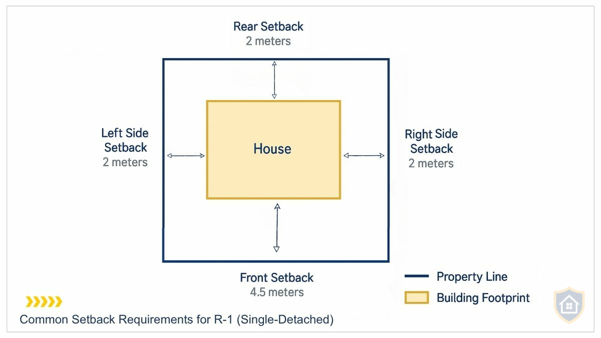 Diagram showing residential lot with house and required setbacks: 4.5 meters front, 2 meters on each side, 2 meters rear, with property line and building footprint clearly marked