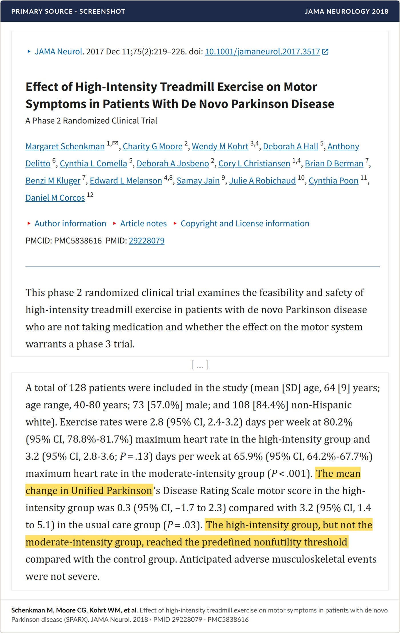 Primary source screenshot, PubMed Central: SPARX, JAMA Neurology 2018. Highlighted: the motor-score result and the nonfutility finding.
