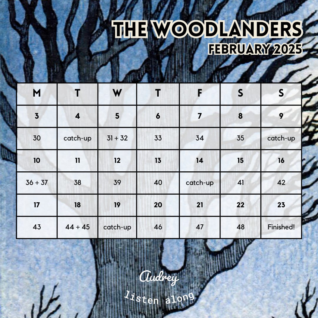 schedule for listening to The Woodlanders by Thomas Hardy in February 2025