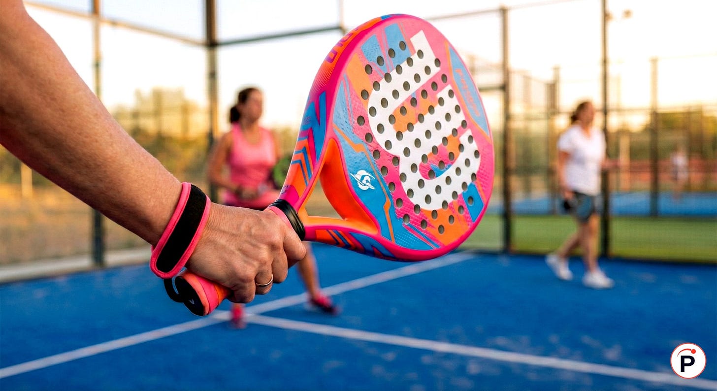 raquette de padel rose d'une joueuse de padel de 50 ans