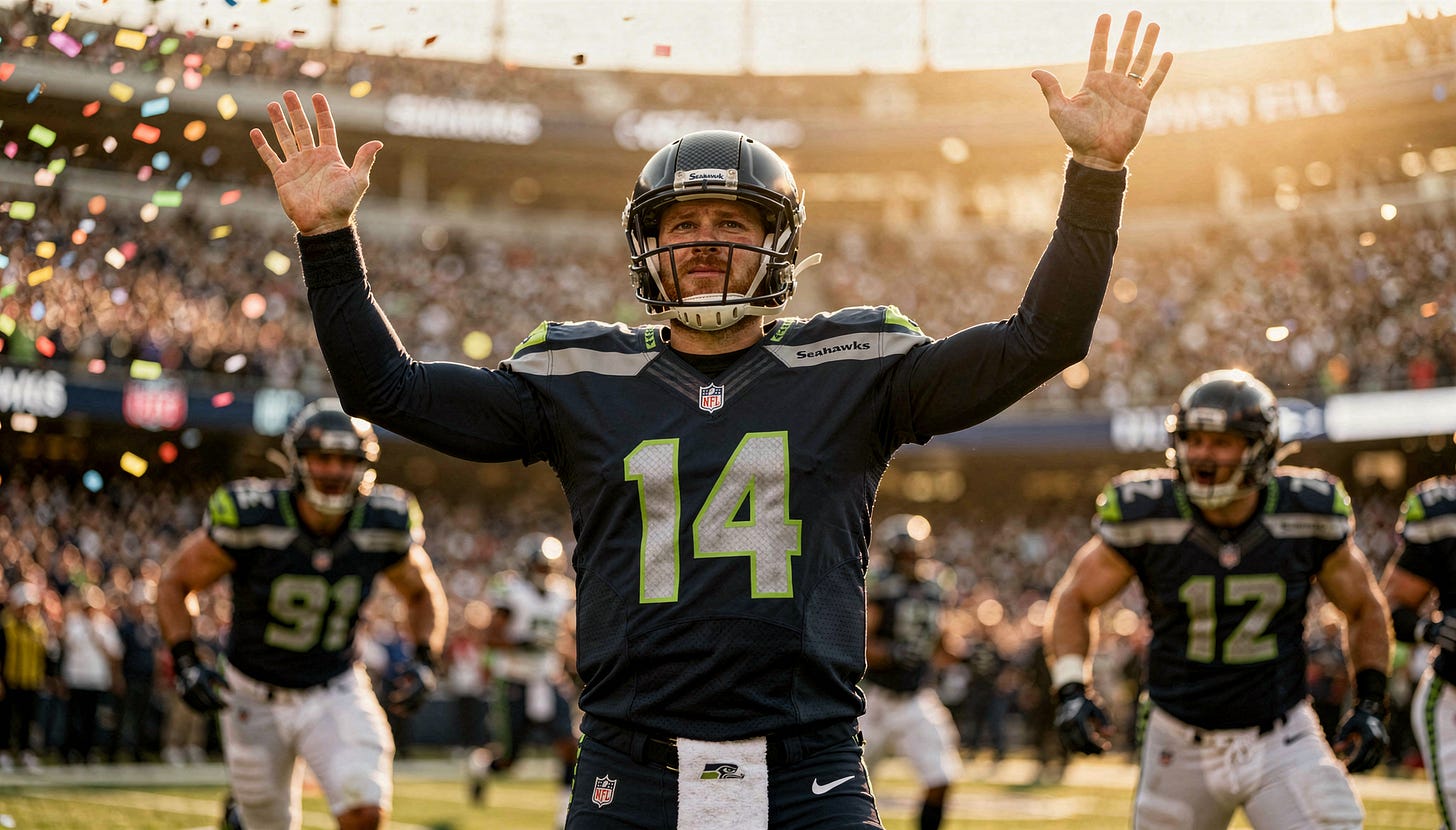 Sam Darnold celebrates after throwing touchdown pass during NFC Championship game at Lumen Field