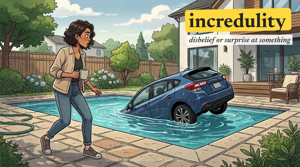 Illustration — “incredulity” means disbelief or surprise at something.