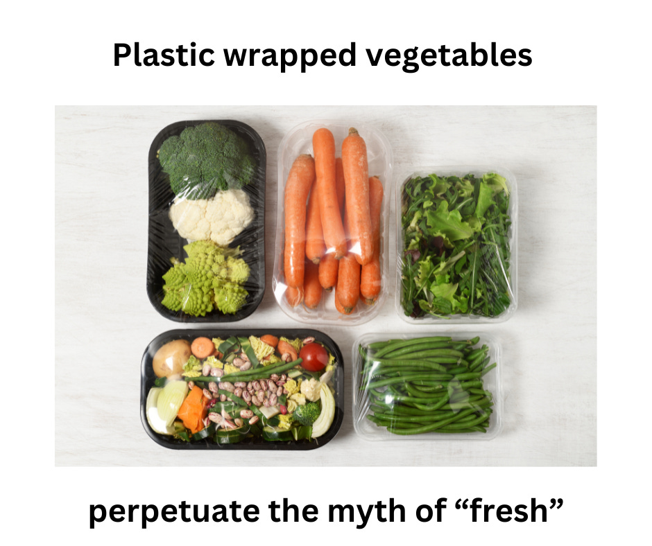 vegetables on foam trays wrapped with plastic
