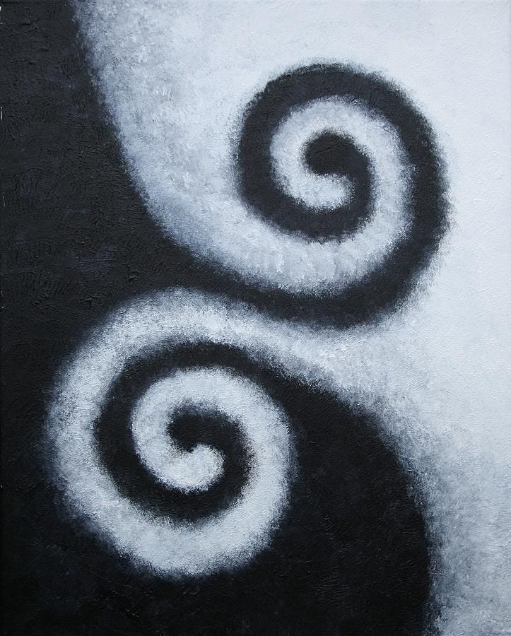 This may contain: an abstract painting with black and white swirls