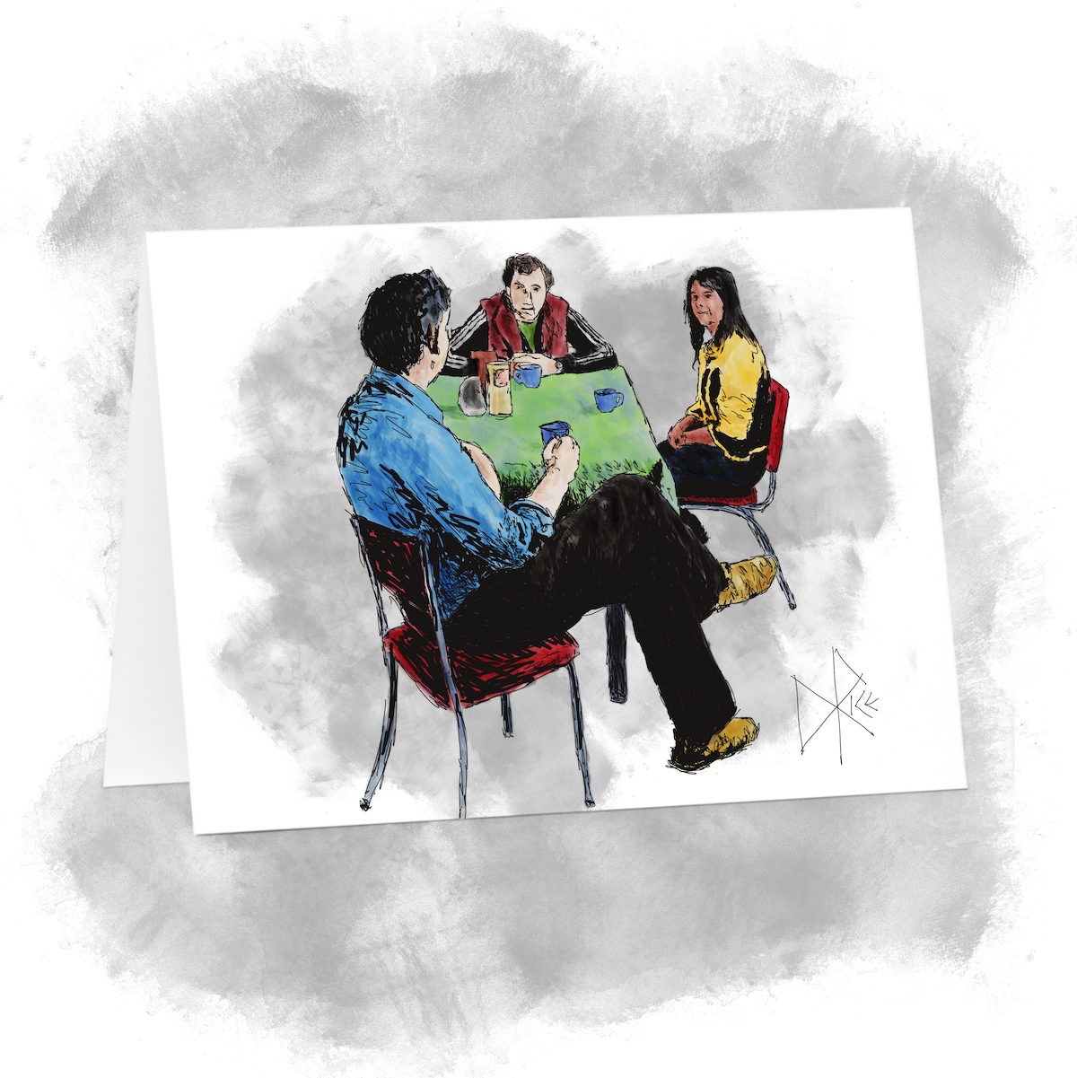 Three people sitting around a table, chatting over coffee. Sketch art by Don Rice.