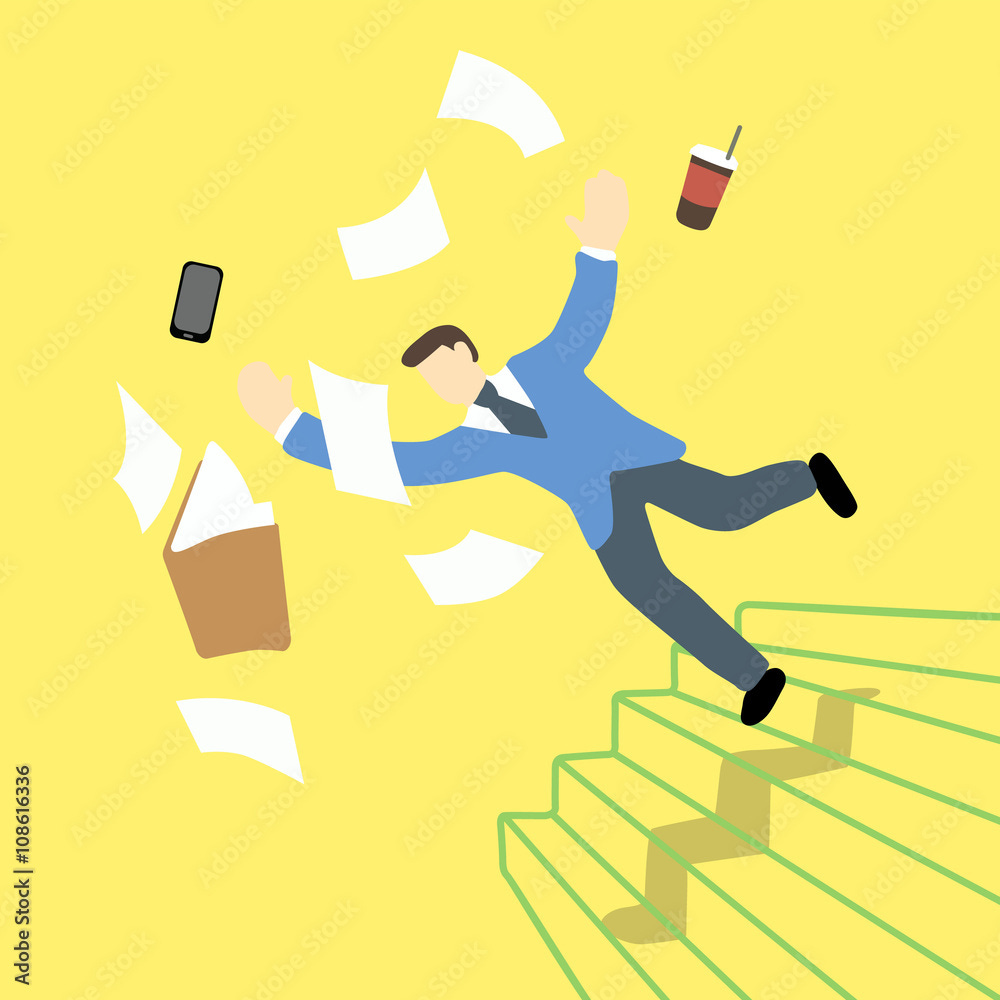Businessman is losing balance and falling down on staircase while the file folder and tablet is in the air Stock Vector | Adobe Stock Businessman is losing balance and falling down on staircase while the file folder and tablet is in the air Stock Vector | Adobe Stock