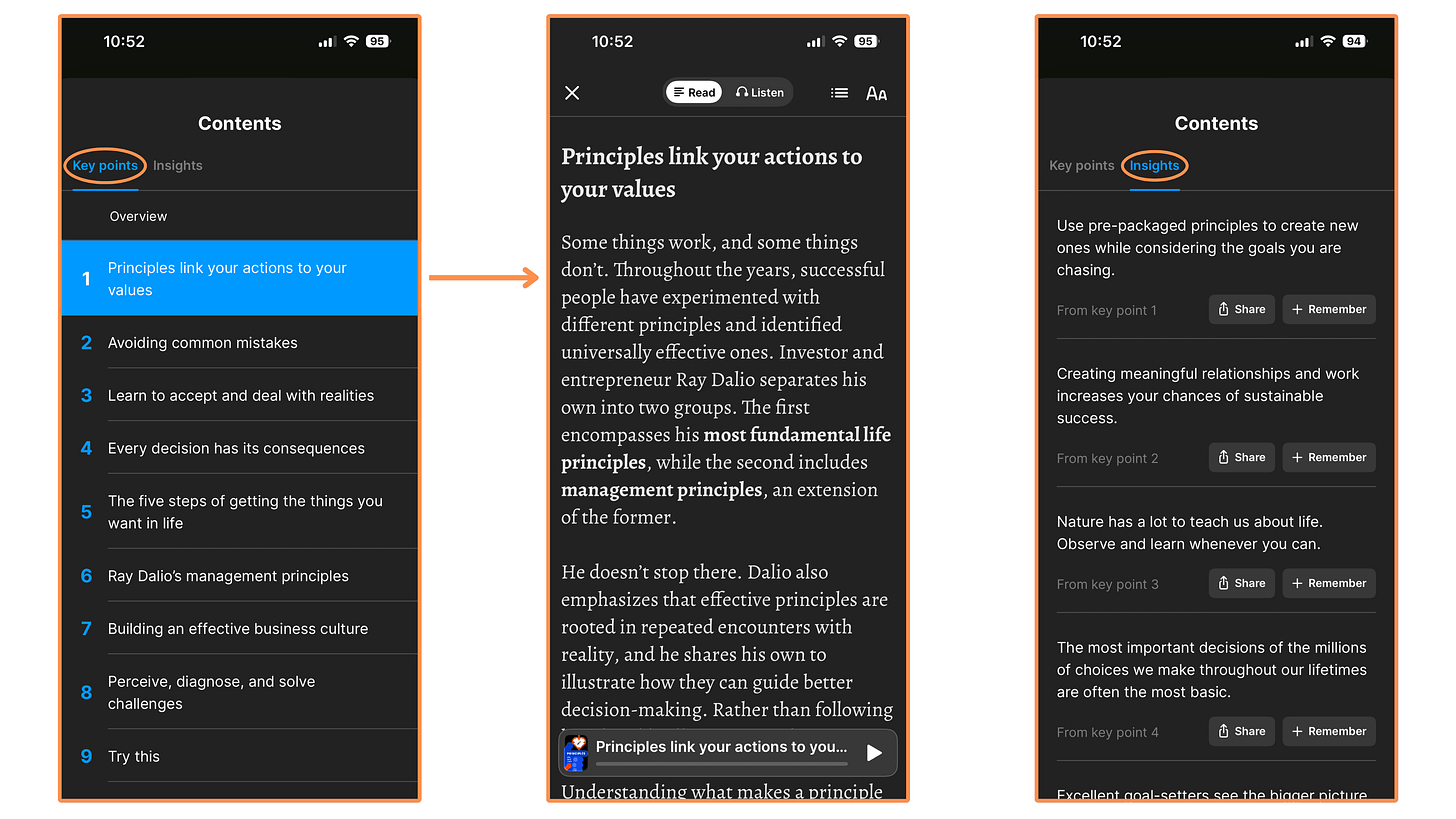 Headway's “Key points” and “Insights” for the book Principles (dark mode) Headway's “Key points” and “Insights” for the book Principles (dark mode)