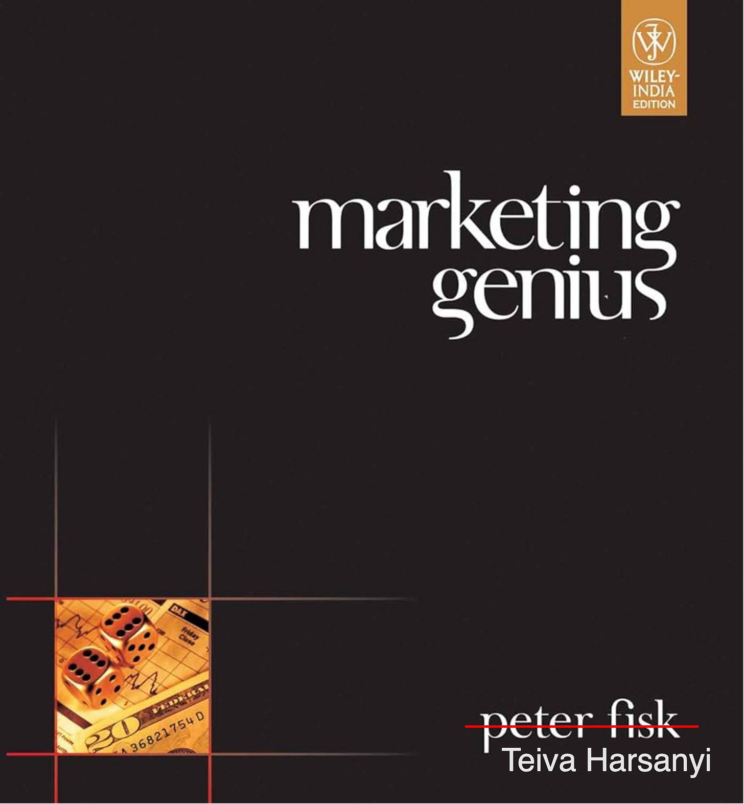 Black book cover with the title marketing genius in white text at the center. At the bottom right, “peter fisk” is shown with a red strikethrough, replaced by “Teiva Harsanyi” in white.