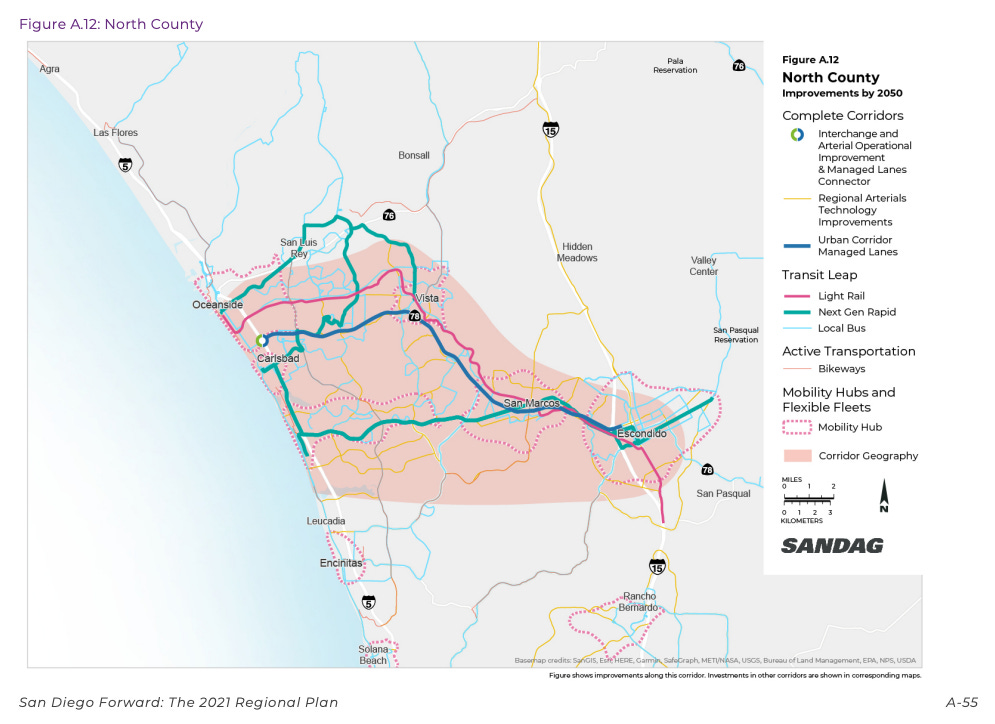 This map shows North County’s transit improvements by 2050 as part of SANDAG’s 2021 regional transportation plan. Courtesy image This map shows North County’s transit improvements by 2050 as part of SANDAG’s 2021 regional transportation plan. Courtesy image