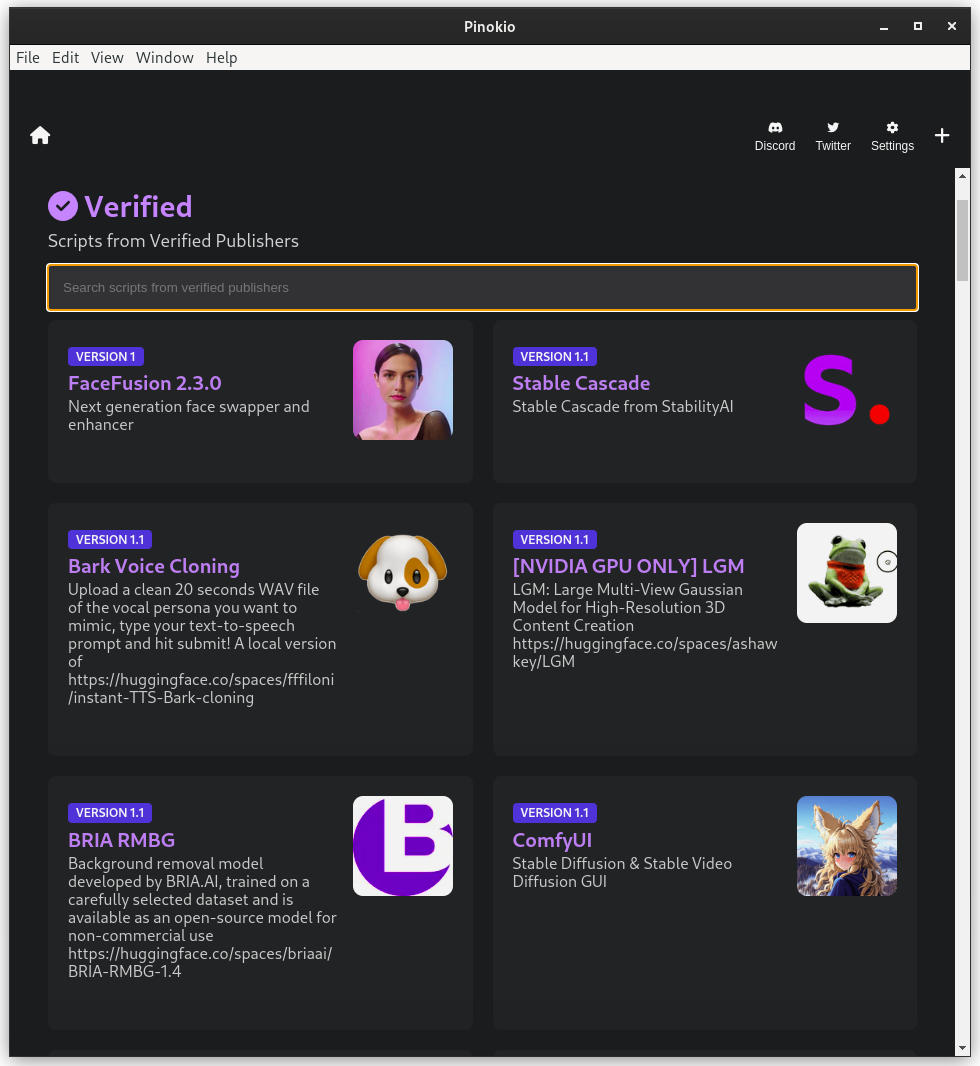 Discover view in Pinokio – AI tools browser
