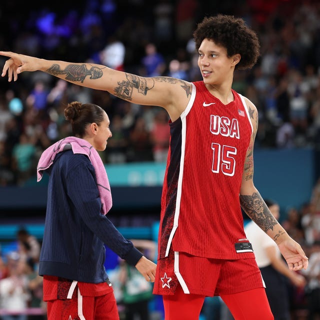 brittney griner points during a team usa basketball game in the 2024 paris olympics