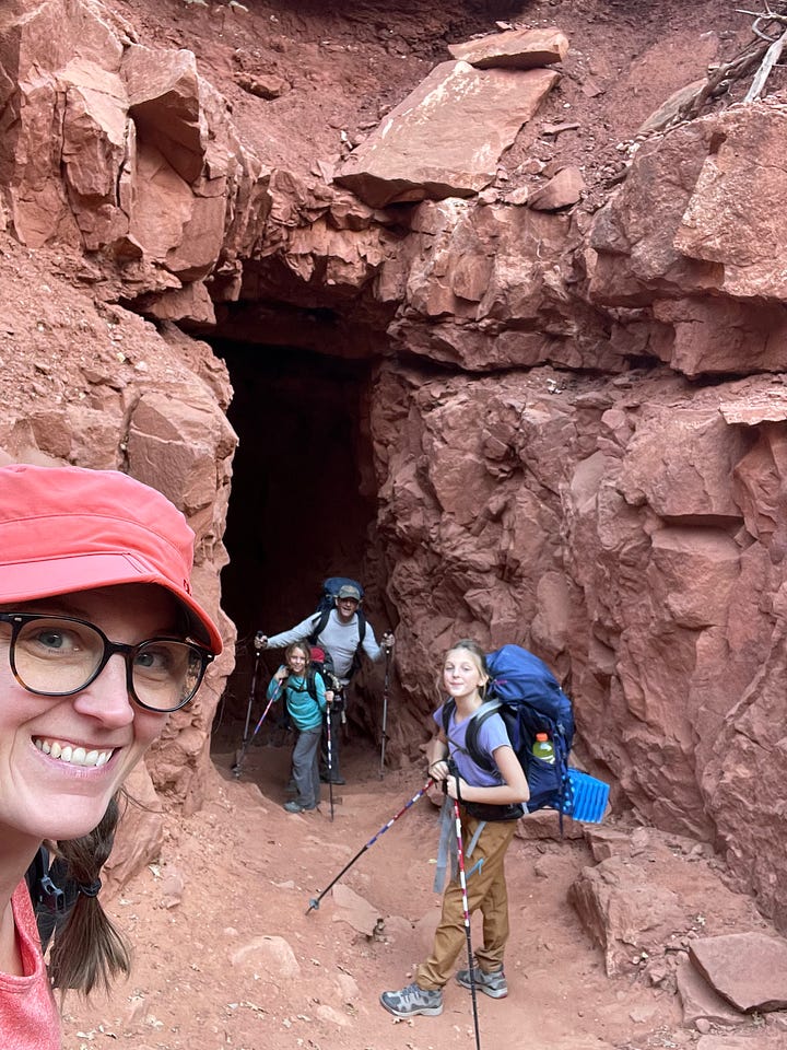 Two images of family of four backpacking through the Grand Canyon.