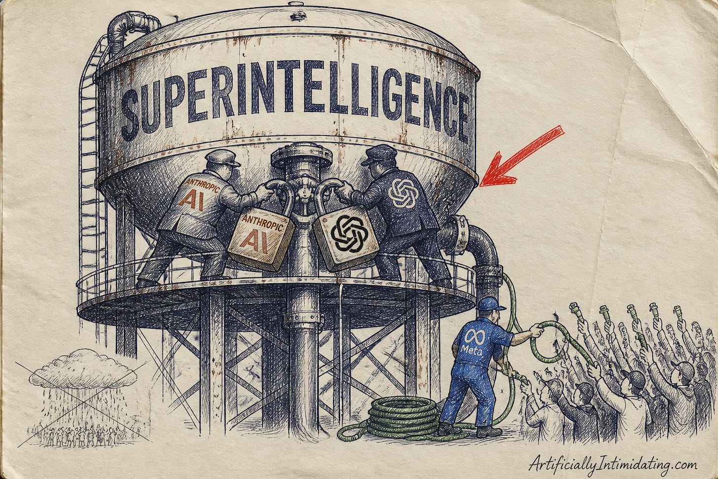 Editorial cartoon: a giant water tower labeled Superintelligence; guards with Anthropic and OpenAI padlocks clamp the valve while a Meta worker hands garden hoses to a crowd