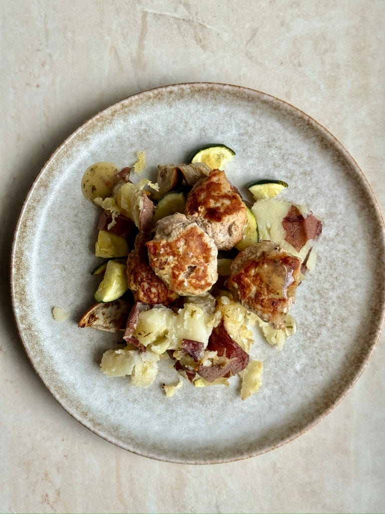 Herby meatballs with roasted crispy potatoes