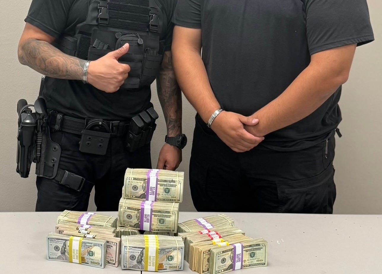 $164,530 in cash, later linked to a Mexican Cartel, confiscated from a Mexico-bound motorist from Georgia in South Texas by Task Force Agents whose faces cannot be made public