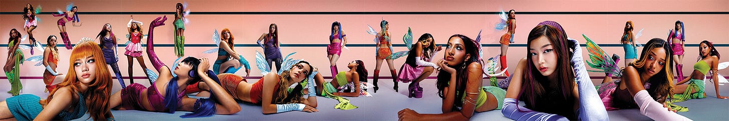A collage of KATSEYE wearing fairy costumes.