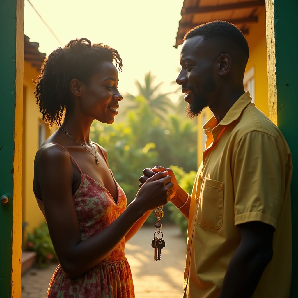 A person in a vibrant Jamaican setting, surrounded by lush greenery and colorful architecture, handing over a set of house keys to another individual