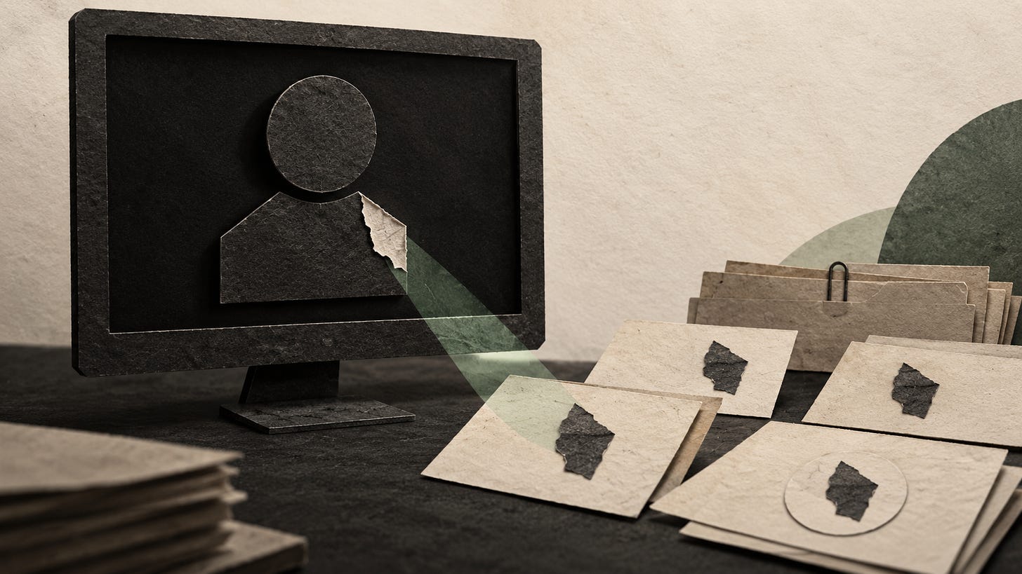 Conceptual illustration of an anonymous paper avatar on a screen, with matching fragments appearing on nearby archive slips.