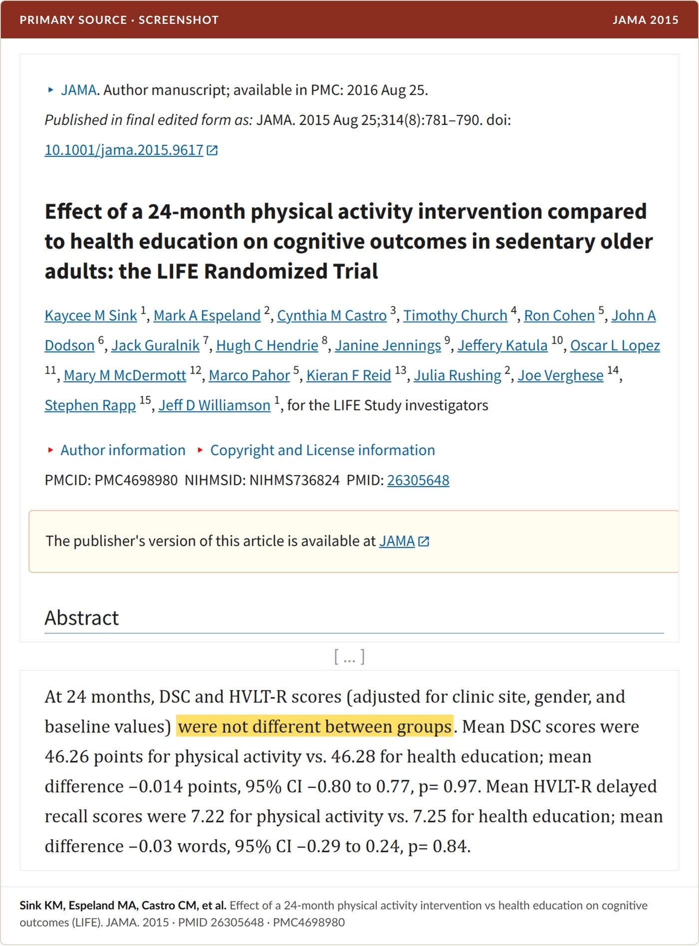 Primary source screenshot, PubMed Central: LIFE trial, JAMA 2015, with the no-difference finding highlighted.