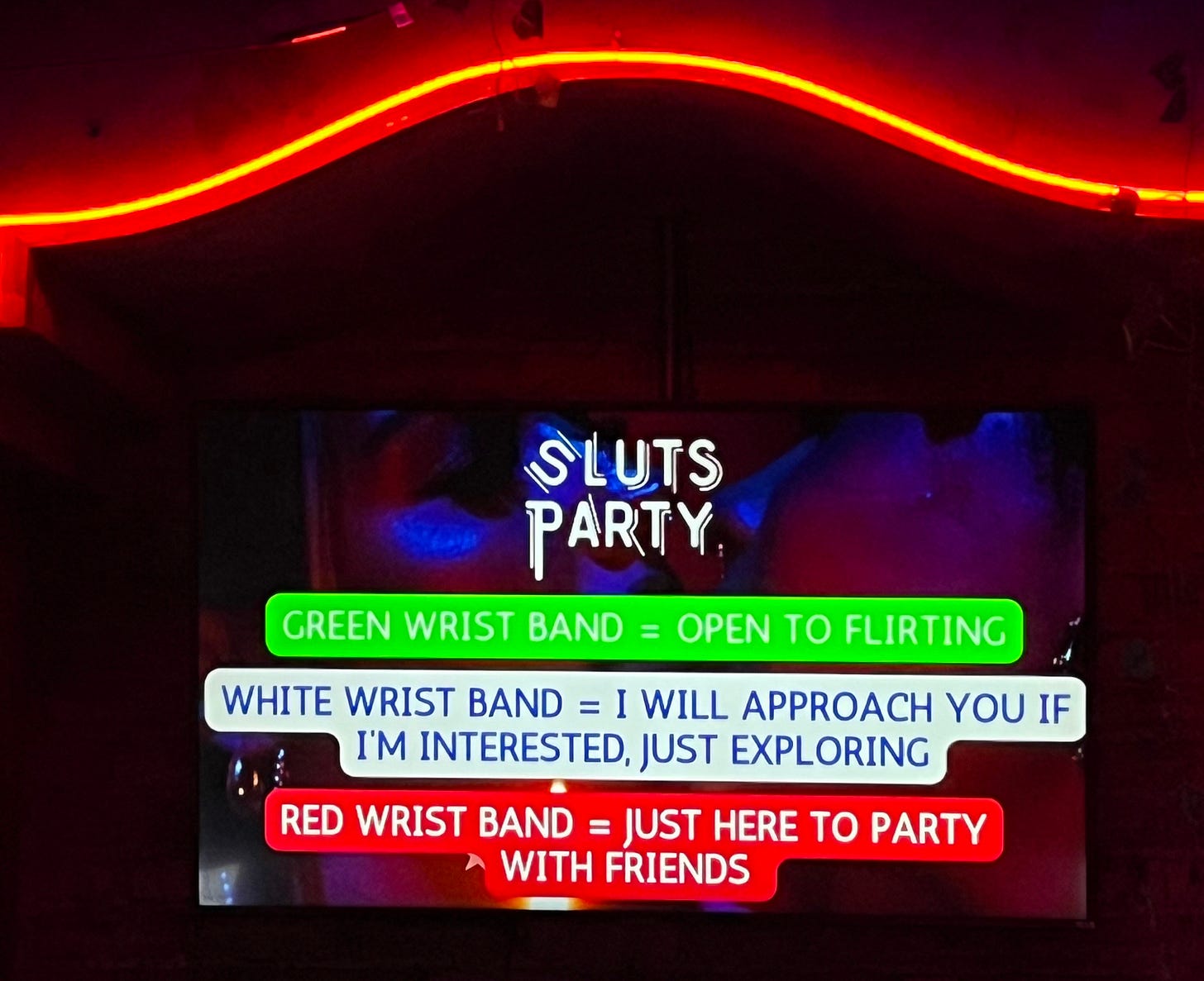 Picture of Slutburn's color-coded wristband consent system.