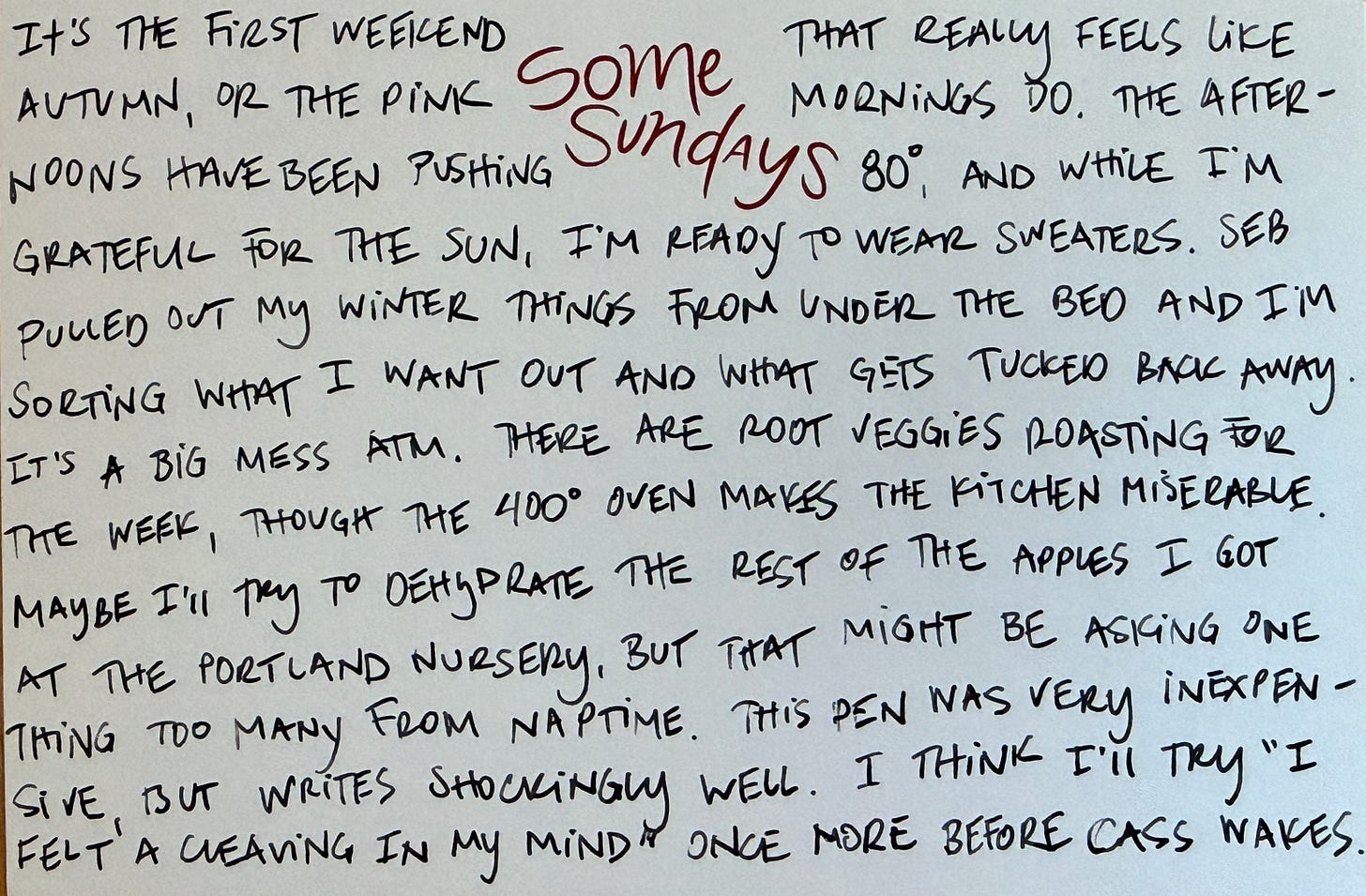It's the first weekend that really feels like Autumn, or the pink mornings do. The afternoons have been pushing 80, and while I'm grateful for the sun, I'm ready to wear sweaters. Sebastian pulled my winter things out from under the bed and I'm sorting what I want out and what to tuck away. It's a big mess atm. There are root veggies roasting for the week, though the 400 degree oven makes the kitchen miserable. Maybe I'll try to dehydrate the rest of the apples I got at the Portland Nursery, but that might be asking one thing too many of naptime. This pen was very inexpensive, but writes shockingly well. I think I'll try "I felt a cleaving in my mind" once more before Cass wakes. It's the first weekend that really feels like Autumn, or the pink mornings do. The afternoons have been pushing 80, and while I'm grateful for the sun, I'm ready to wear sweaters. Sebastian pulled my winter things out from under the bed and I'm sorting what I want out and what to tuck away. It's a big mess atm. There are root veggies roasting for the week, though the 400 degree oven makes the kitchen miserable. Maybe I'll try to dehydrate the rest of the apples I got at the Portland Nursery, but that might be asking one thing too many of naptime. This pen was very inexpensive, but writes shockingly well. I think I'll try "I felt a cleaving in my mind" once more before Cass wakes.