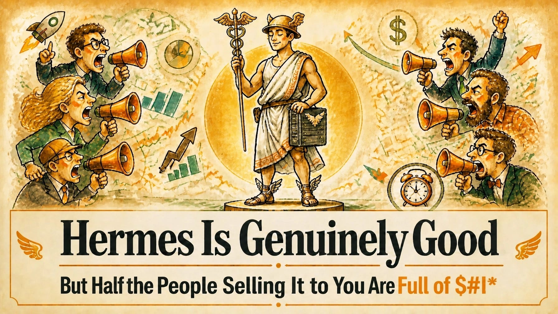 Hermes as a calm winged messenger surrounded by loud AI hype creators, with a clear headline overlay — symbolizing an honest Hermes agent review over creator noise