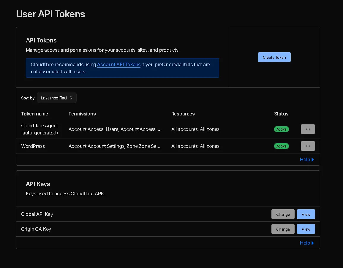 API Tokens dashboard