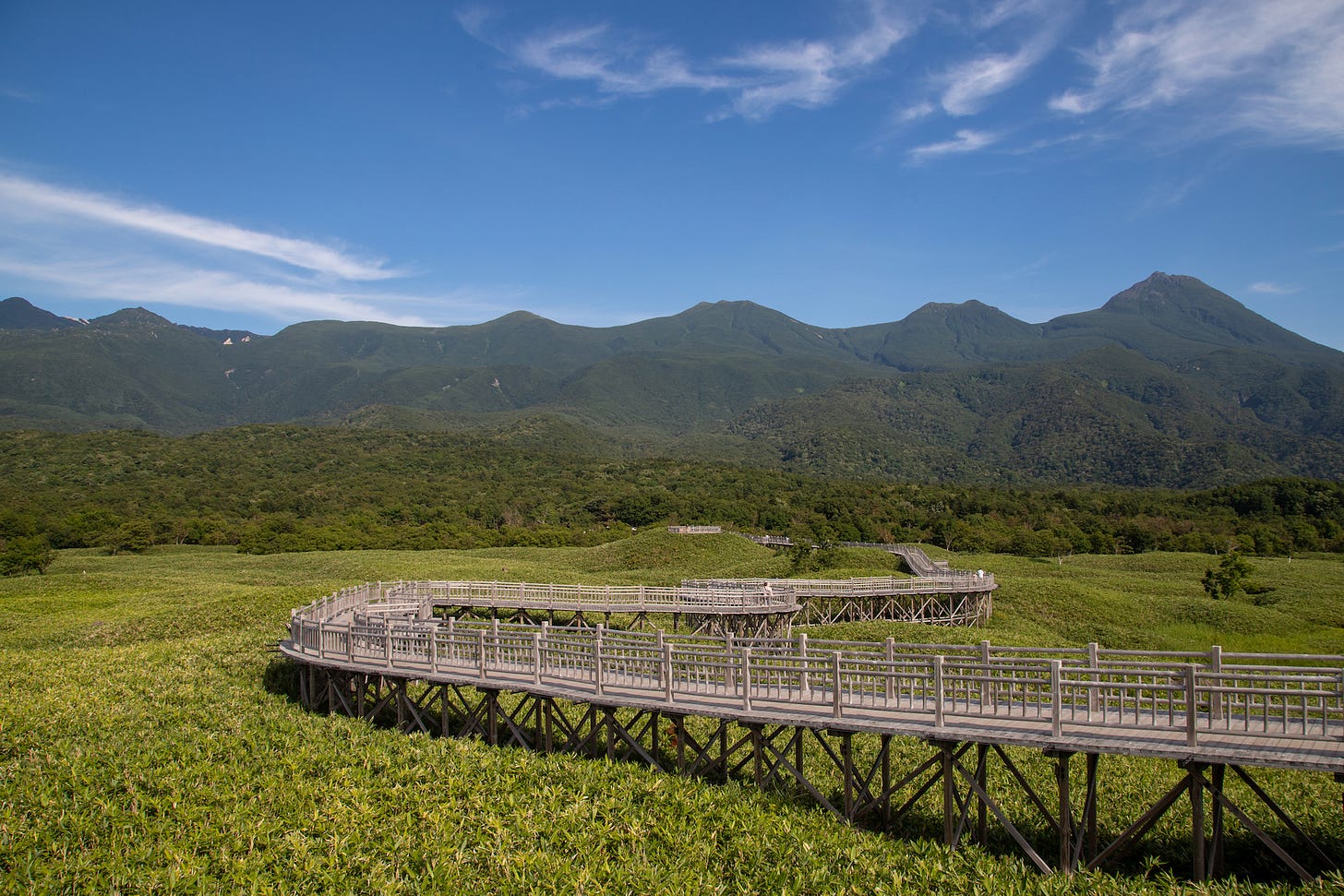 A wooden boardwalk winds through green marshland toward a mountain range in Shiretoko National Park, Hokkaido. A wooden boardwalk winds through green marshland toward a mountain range in Shiretoko National Park, Hokkaido.