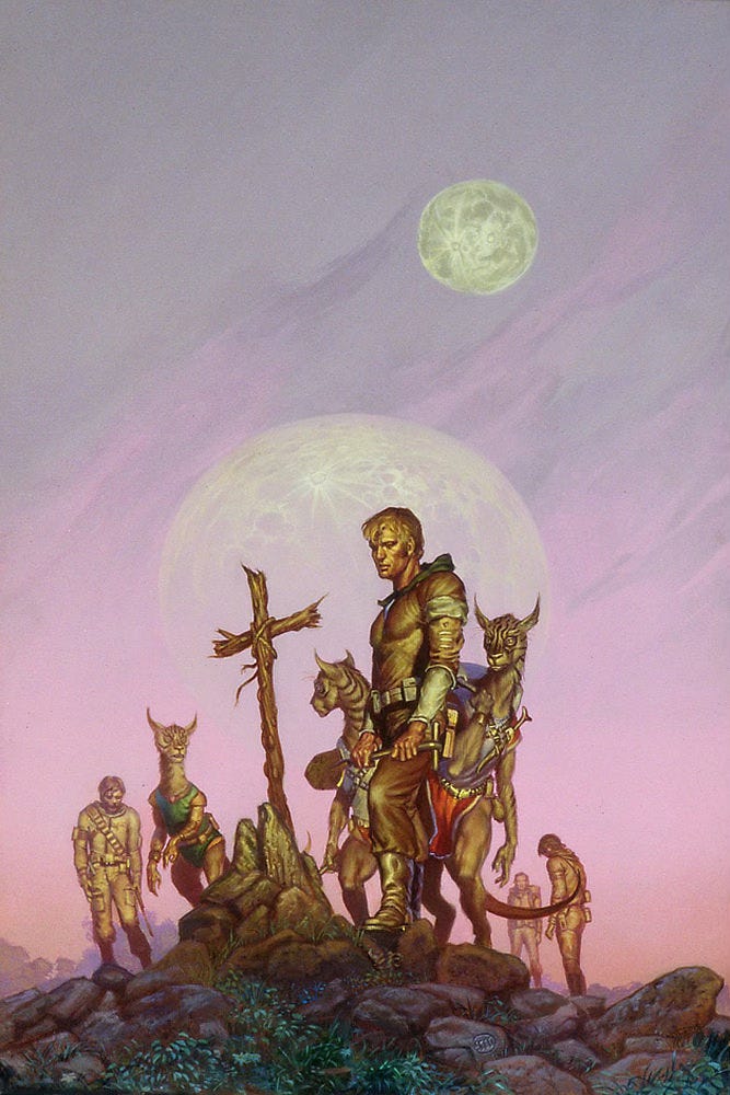 A man stands with a shovel in hand as he regards a cairn set with a makeshift cross made of wood and twine. Around him is a mixed group of humans and bipedal aliens. The humans drop their heads dejectedly. The alien bodies resemble that of a kangaroo while the head, ears, and stripes are reminiscent of a lynx. The scene is set against a pearlescent pink and lavender sky with a huge craggy moon hanging low and another smaller moon floating high above. A man stands with a shovel in hand as he regards a cairn set with a makeshift cross made of wood and twine. Around him is a mixed group of humans and bipedal aliens. The humans drop their heads dejectedly. The alien bodies resemble that of a kangaroo while the head, ears, and stripes are reminiscent of a lynx. The scene is set against a pearlescent pink and lavender sky with a huge craggy moon hanging low and another smaller moon floating high above.