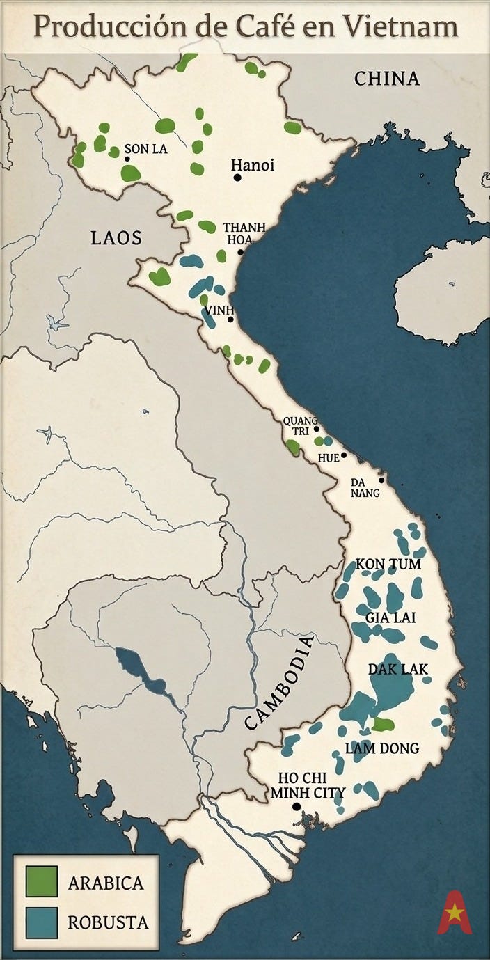 mapa cafe cultivo vietnam tierras altas centrales robusta arabica