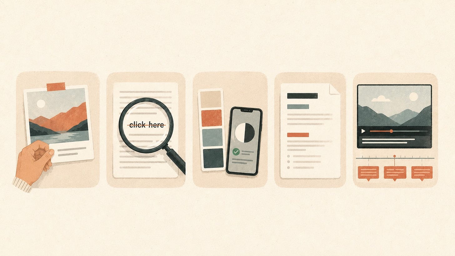 Five small illustrated vignettes arranged in a row, each showing a different accessibility fix: adding a label to an image, replacing a "click here" link, checking color contrast, organizing headings, and adding captions to a video.