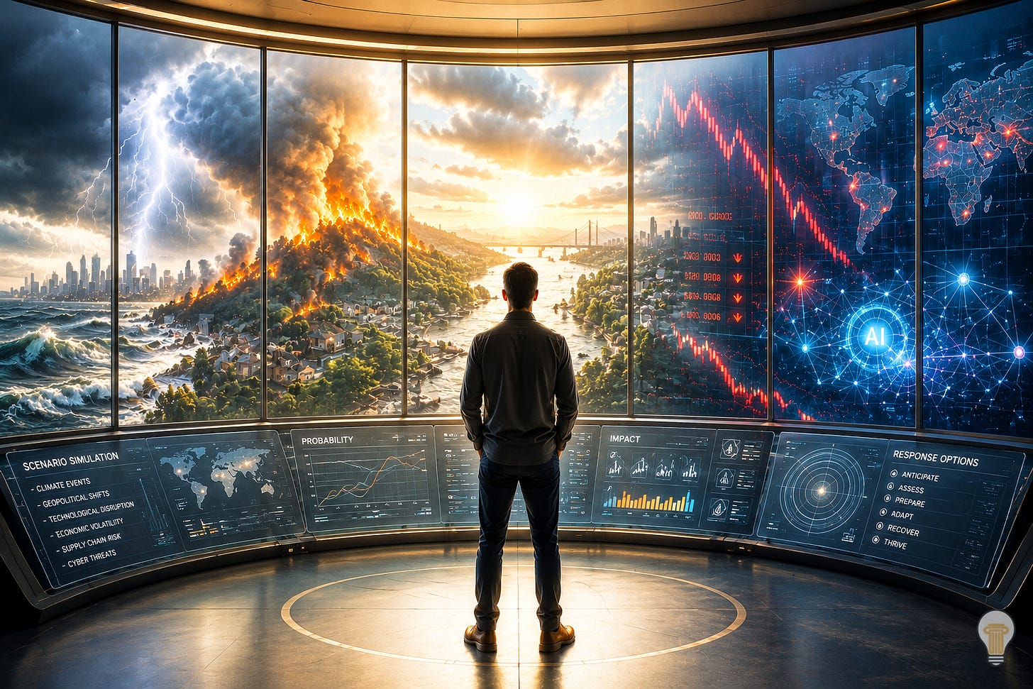 Futuristic strategist standing in a scenario-planning command centre, observing simulations of storms, wildfires, AI disruption, market crashes, and geopolitical risk. Concept illustration of resilience, strategic foresight, scenario planning, Stoicism, risk management, and preparing for uncertainty in a rapidly changing future.