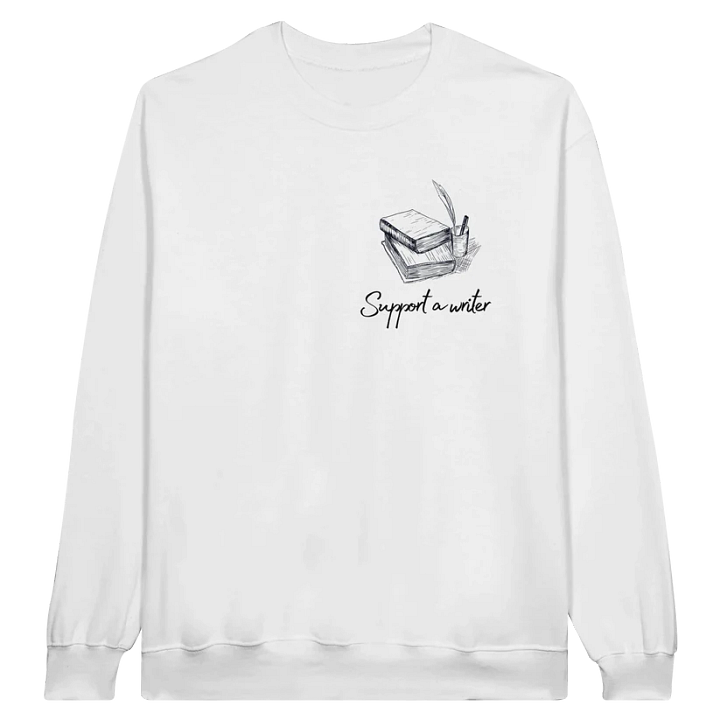 A photo from Nocturnal Narrators website. A sweatshirt front says "Support a writer" with a stack of books. The back says "Immortalize your enemy in fiction, watch them die creatively"
