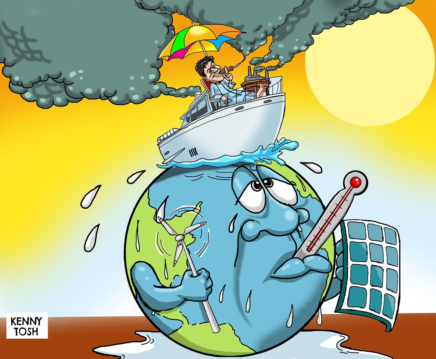 Cartoon of billionaire sitting in a yacht on a dying planet