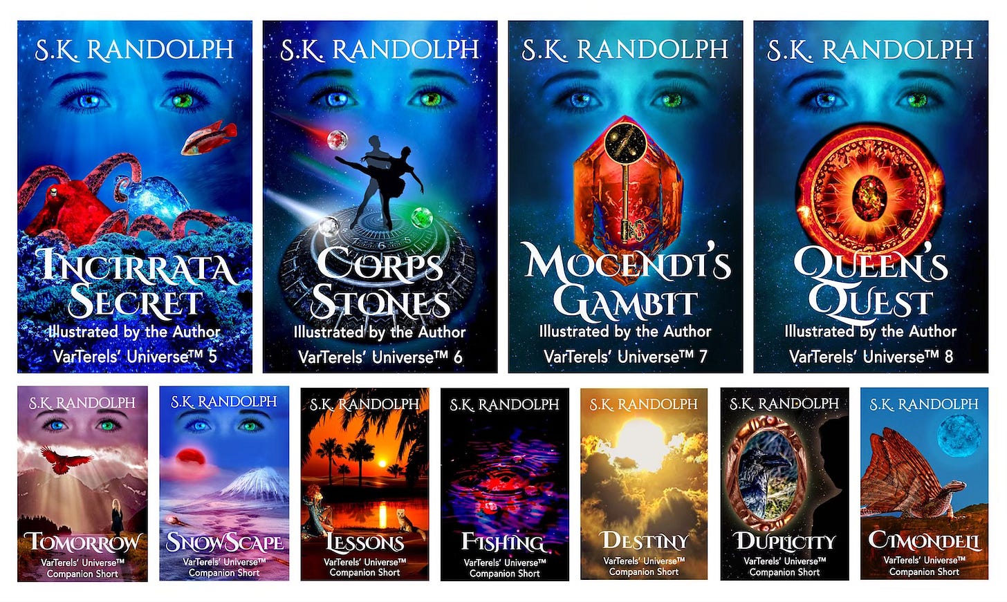 The second collection of eleven science-fantasy book covers  in the VarTerels’ Universe™  by S.K. Randolph, featuring vibrant cosmic and fantasy imagery, with four main novels on the top row and seven companion shorts on the bottom row.