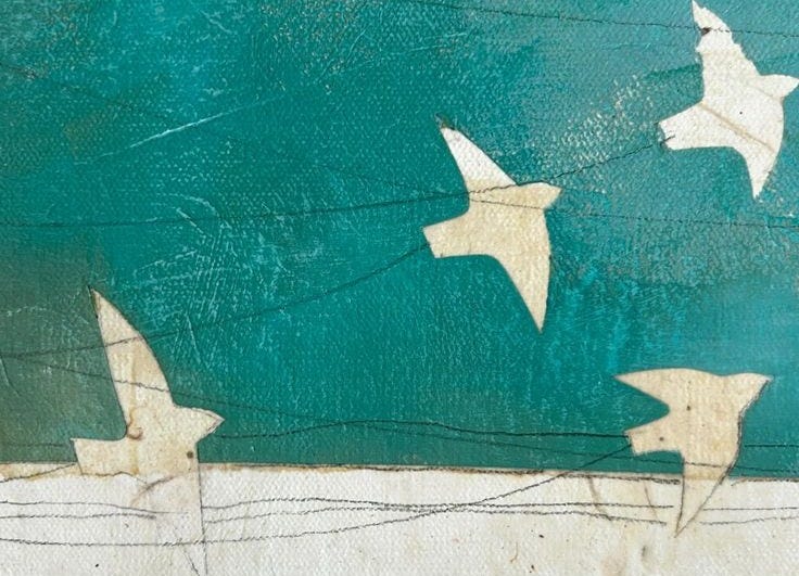 This may contain: four birds flying in the sky on a blue and green background with white writing below