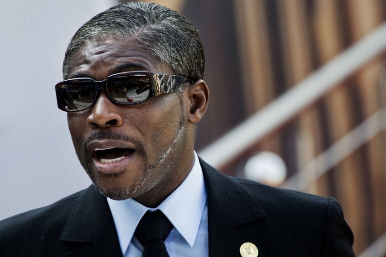 Equatorial Guinea Vice-President Teodoro Nguema Obiang Mangue arrives for the swearing-in ceremony of Cyril Ramaphosa at Loftus Versfeld stadium in Pretoria, South Africa, Saturday May 25, 2019. Ramap