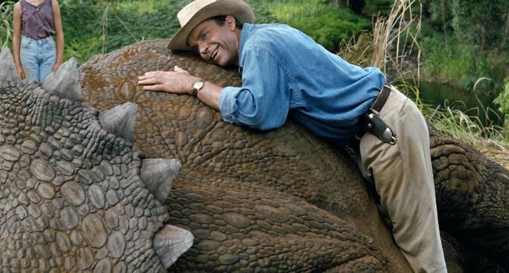 here we have Doctor Grant listening to the Triceratops breathe in "Jurassic  Park"