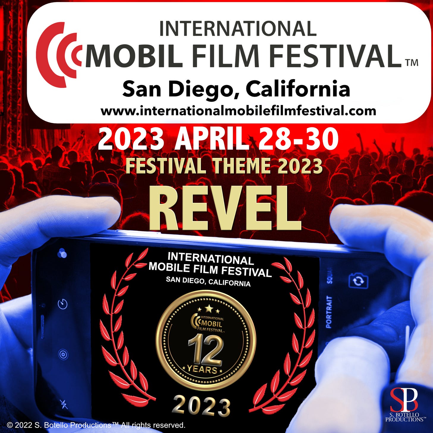 Graphic with logos and text with festival date and theme. Hands holding smartphone overlooking a crowd from a stage show. In screen of smartphone are festival laurels with badge featuring 12th edition. Graphic with logos and text with festival date and theme. Hands holding smartphone overlooking a crowd from a stage show. In screen of smartphone are festival laurels with badge featuring 12th edition.